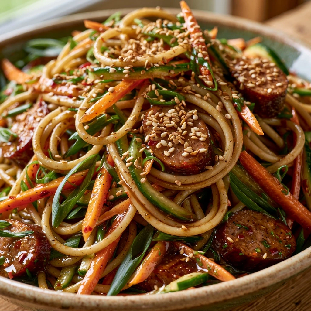 Süß-Saurer Asia-Nudelsalat mit Geflügel-Fleischwurst