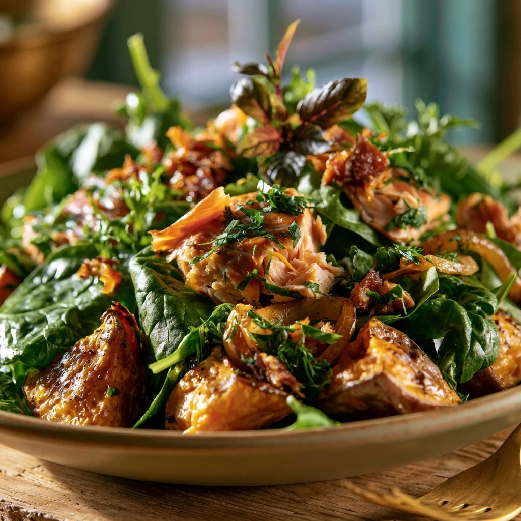 Süßkartoffel-Spinat-Salat mit geräucherter Forelle