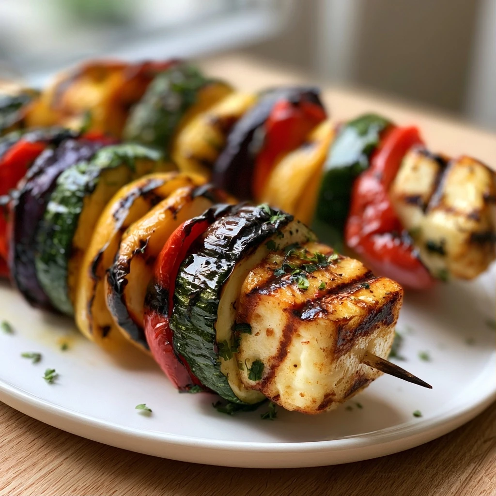 Vegetarische Grillspieße mit Halloumi und mediterranem Gemüse