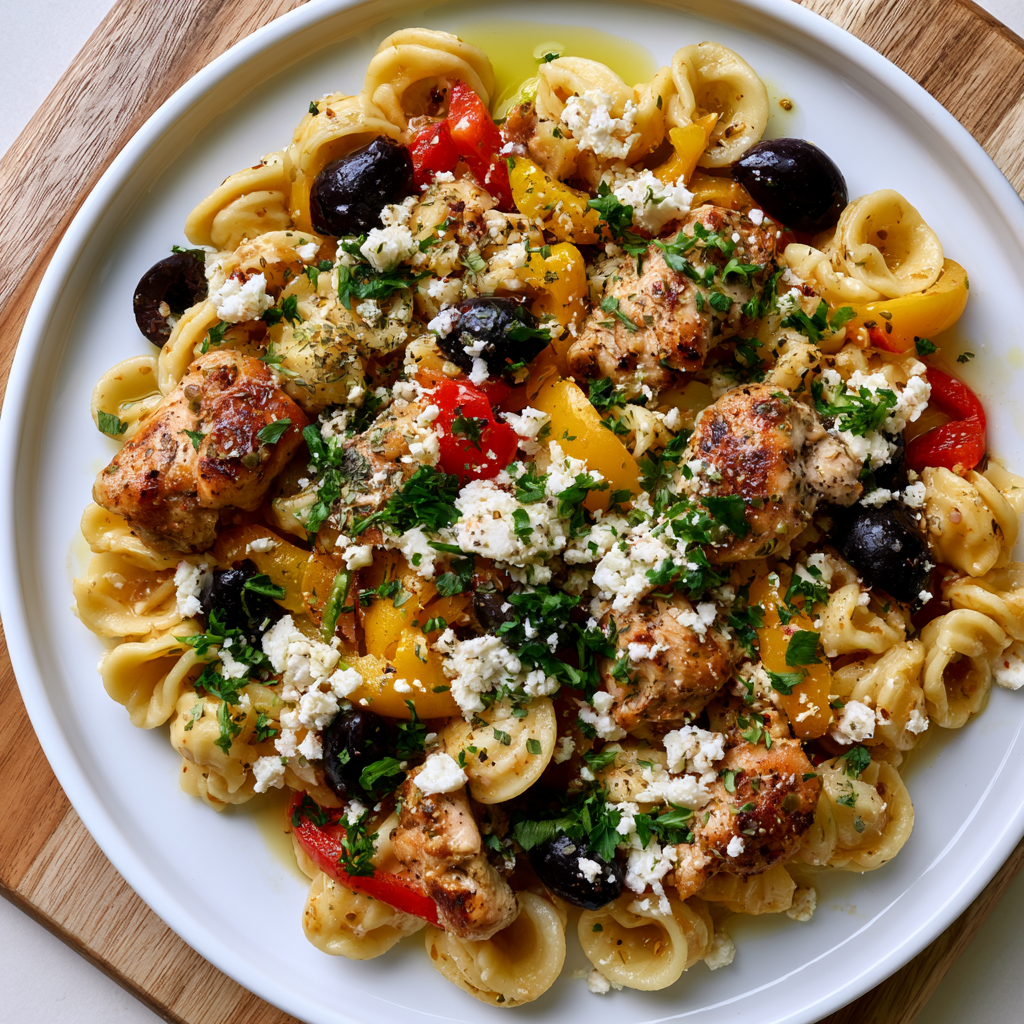 Hähnchen-Paprika-Pasta mit Feta und Oliven