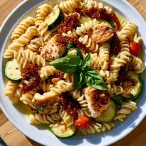 Mediterrane Hähnchen-Pasta mit Zucchini und getrockneten Tomaten