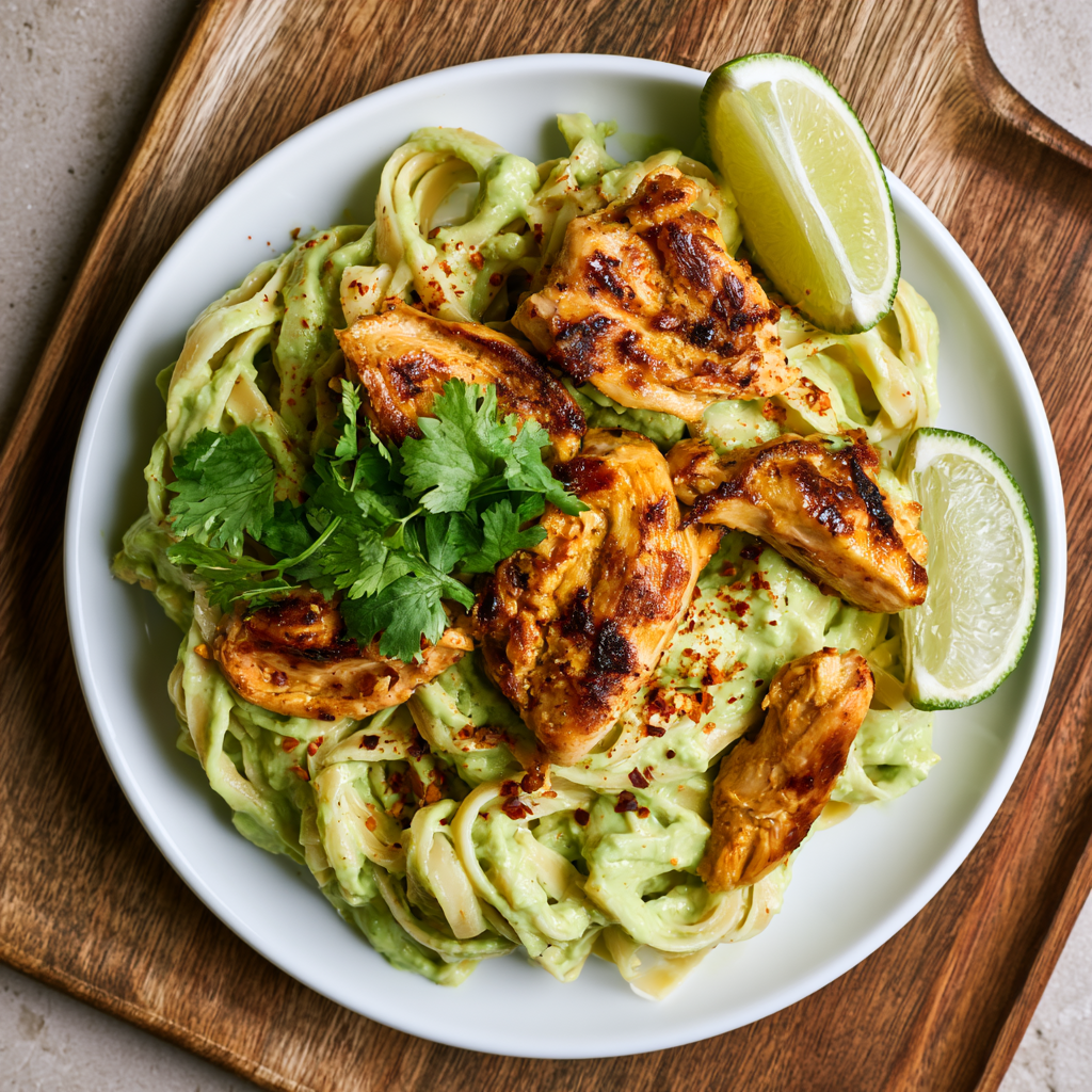 Cremige Hähnchen-Avocado-Pasta mit Limette und Koriander