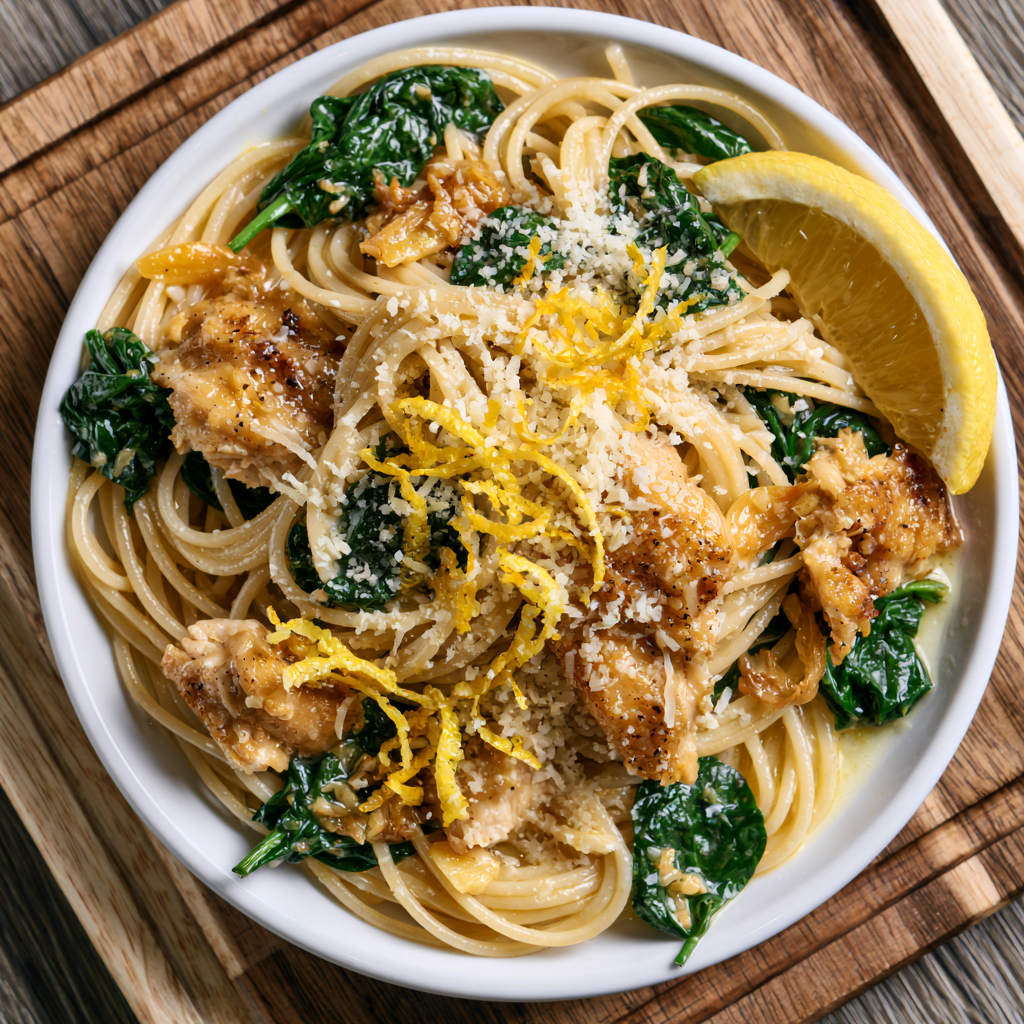 Zitronen-Knoblauch-Hähnchen-Pasta mit Spinat