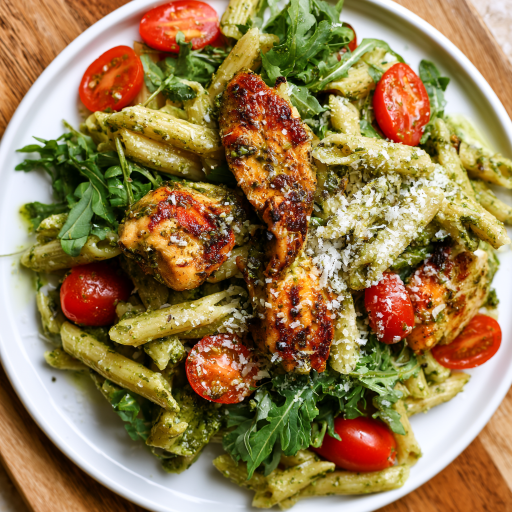 Hähnchen-Pesto-Pasta mit Kirschtomaten und Rucola