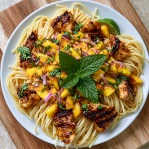 Sommerliche Hähnchen-Pasta mit Pfirsich-Salsa und Minze