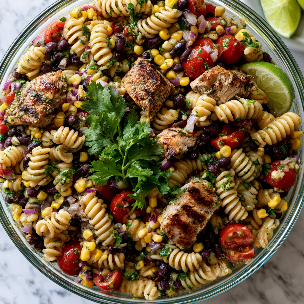 Tex-Mex Hähnchen-Pasta mit gegrilltem Mais und Koriander-Limettendressing