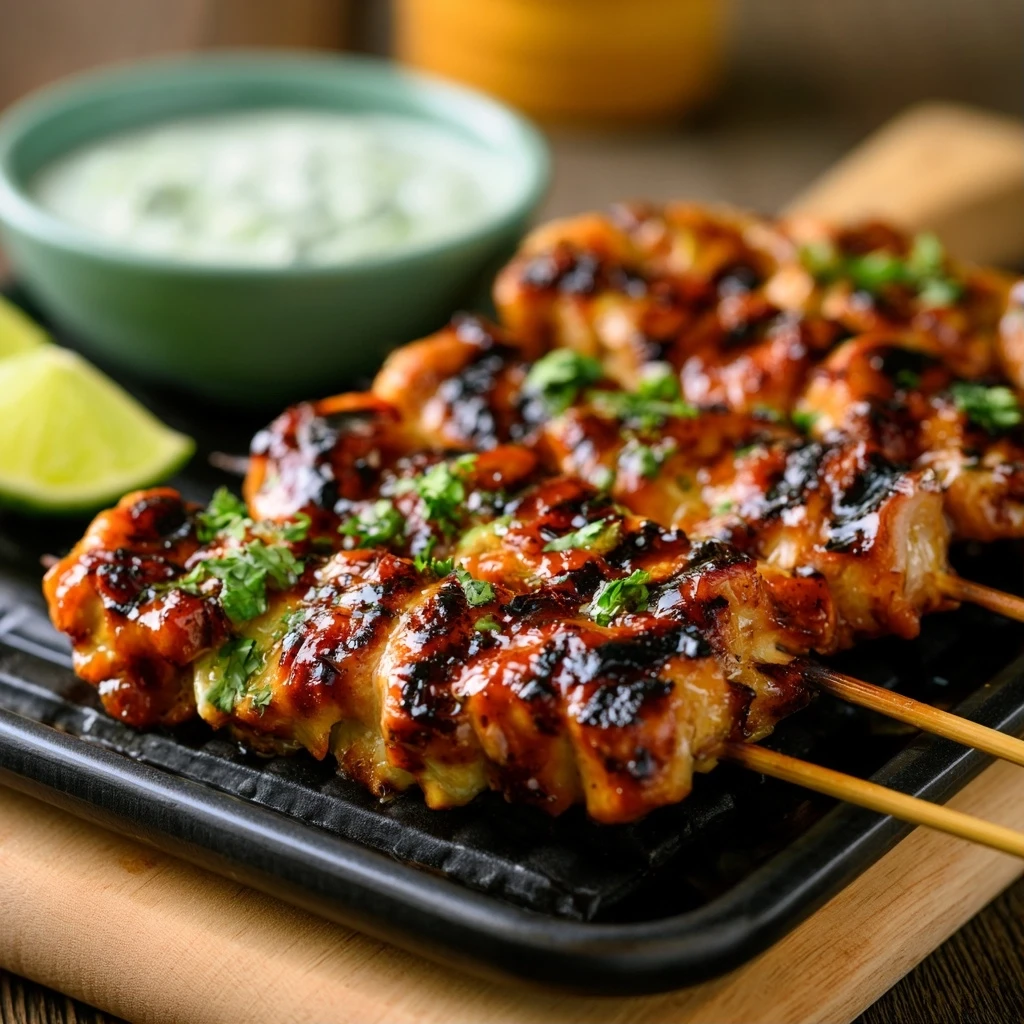 Zitronengras-Teriyaki Hähnchen Spieße mit Limetten-Dip